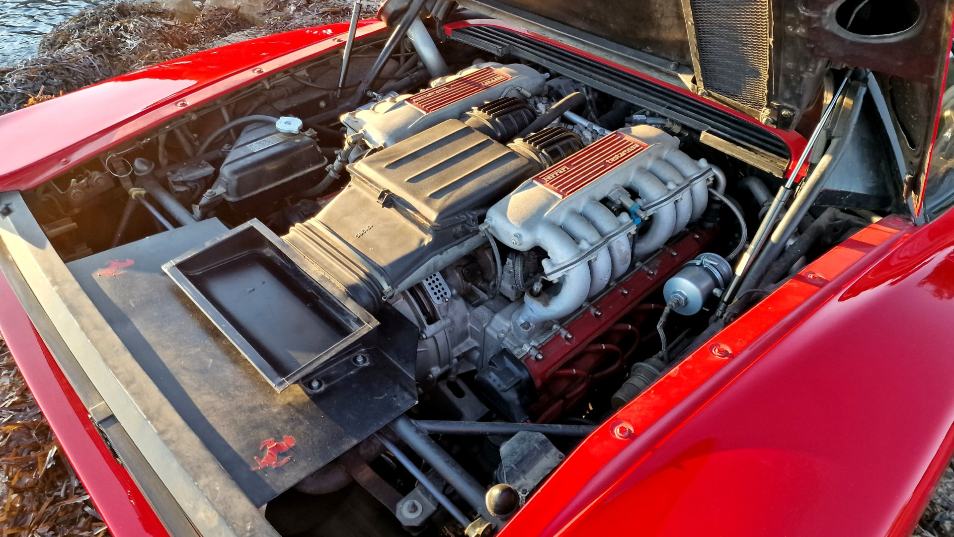 Moteur flat-12 Ferrari Testarossa capot arrière ouvert