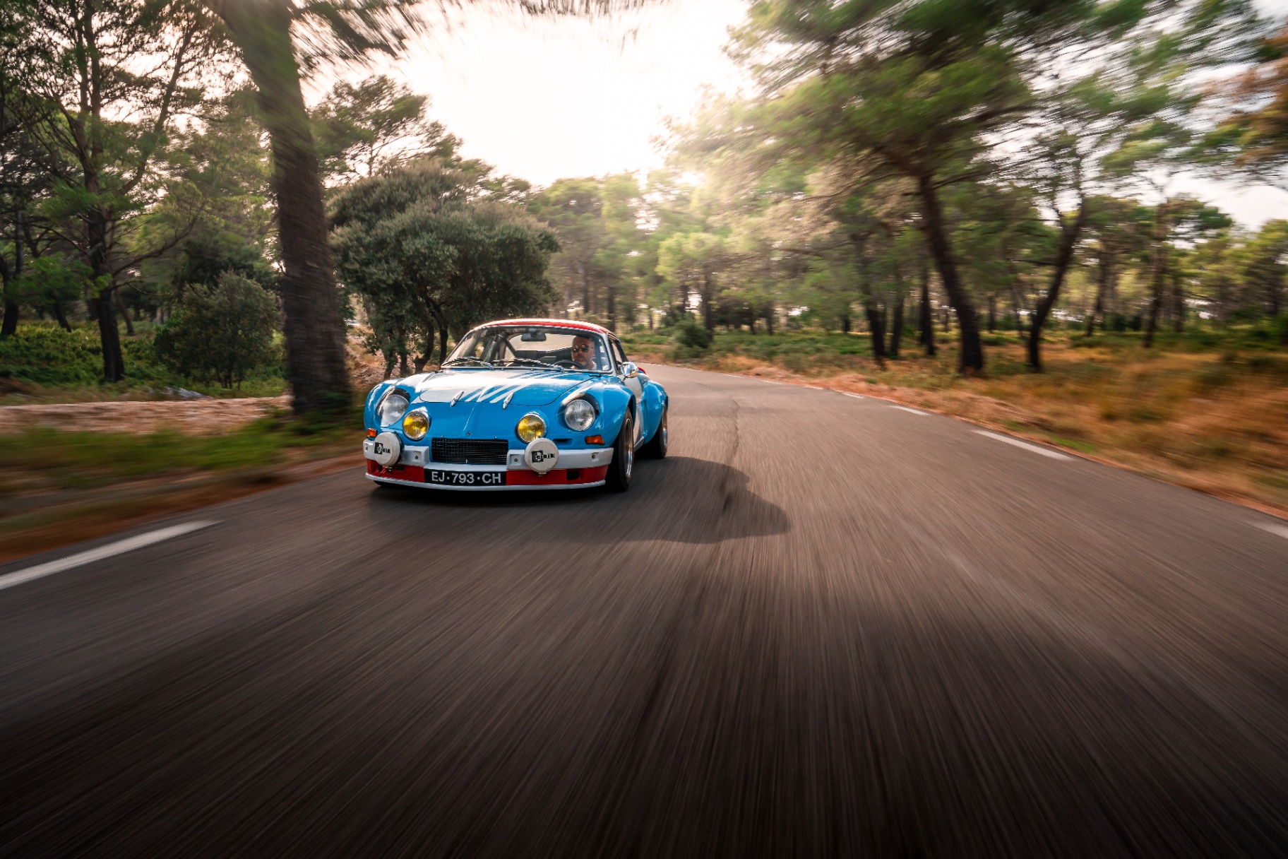 Alpine A110 1800 VB Bis en action dans une forêt de pins provençale