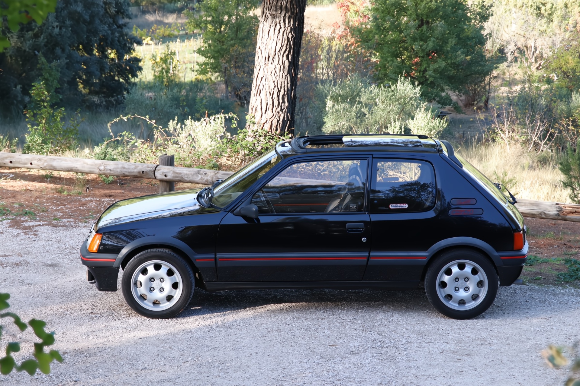 Peugeot 205 GTI 1.9 noire de profil droit en sous-bois