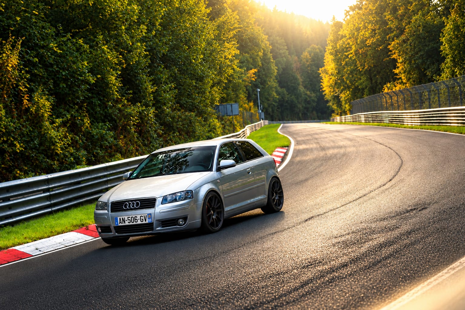 Audi A3 3.2 V6 argentée de trois-quarts avant sur la Nordschleife
