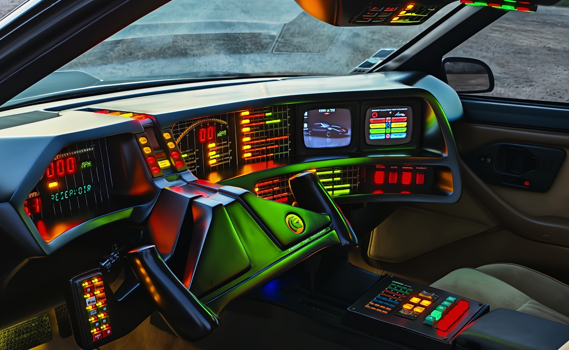 Vue intérieure KITT avec diodes colorées du tableau de bord