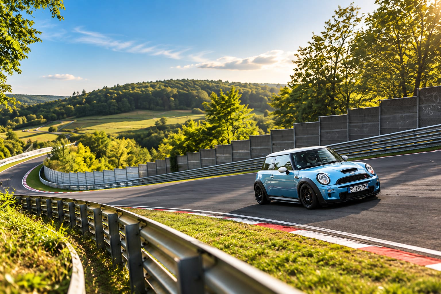 Mini Cooper S R53 bleue dans un virage de la Nordschleife au Nürburgring