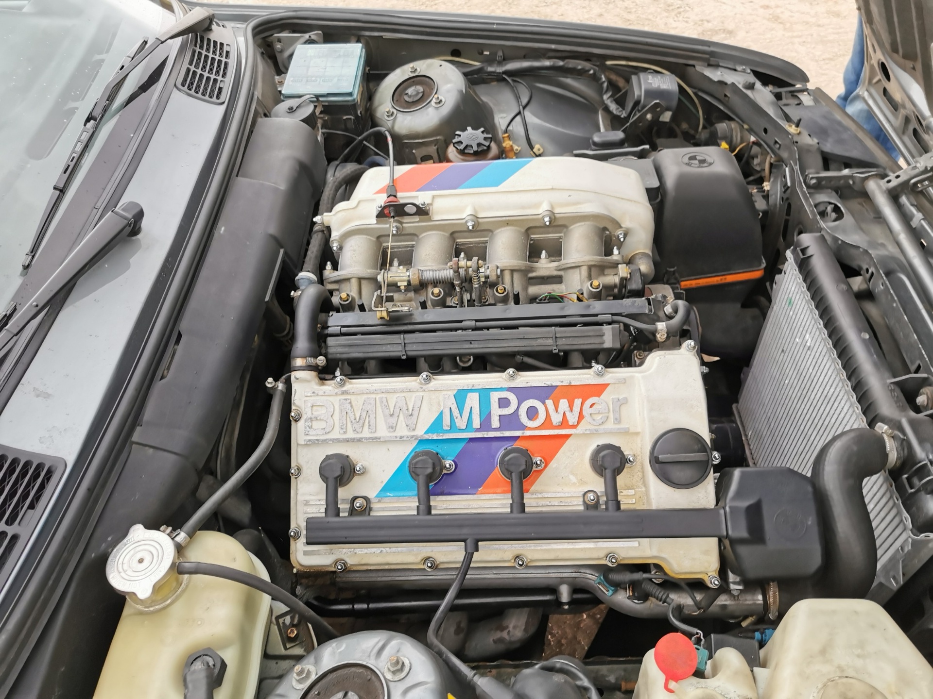 Moteur BMW S14 avec couvre-culasse M Power et bandes Motorsport tricolores